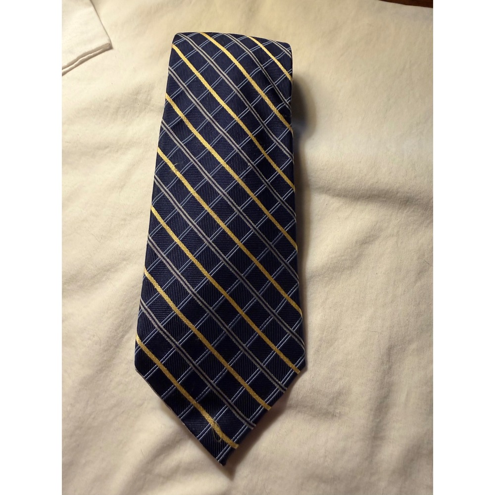 Chaps Mens Silk Necktie Navy Blue Yellow Striped Plaid Geometric Handmade Tie